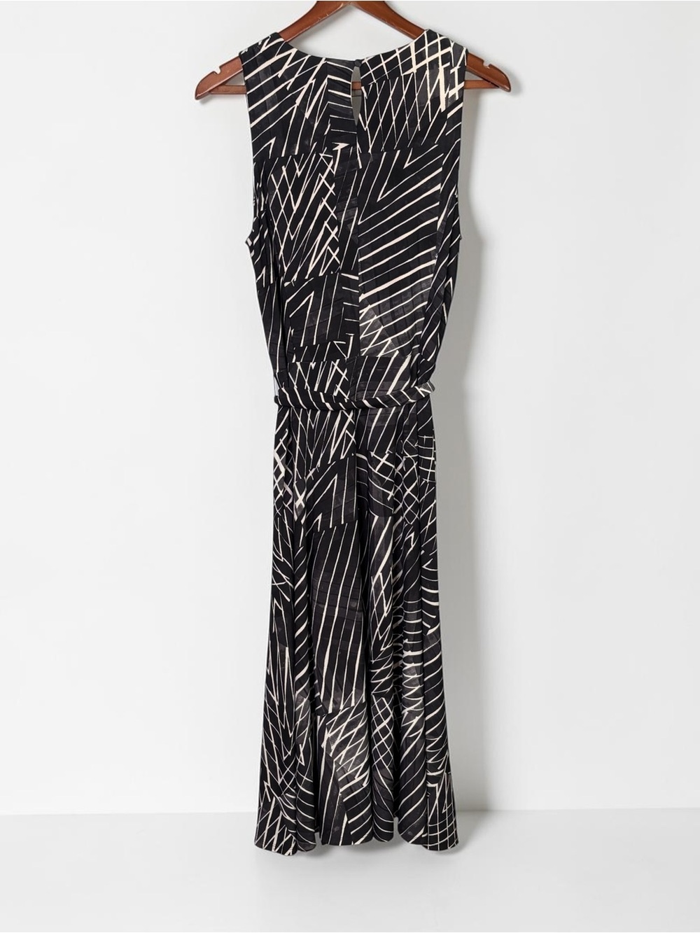 Lauren Ralph Lauren Geometric Midi Dress 12 Tie Waist Black Gray Ivory - Picture 7 of 13